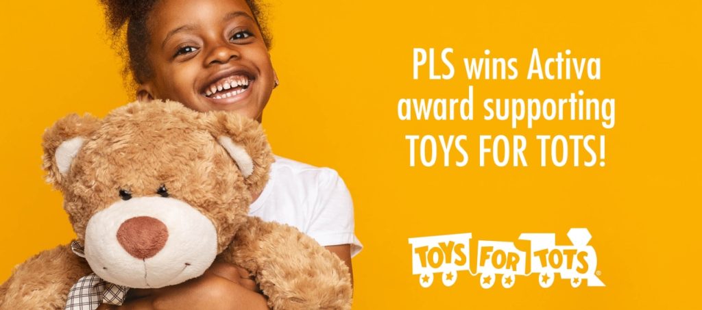 Girl Holding Bear Toys For Tots Promo